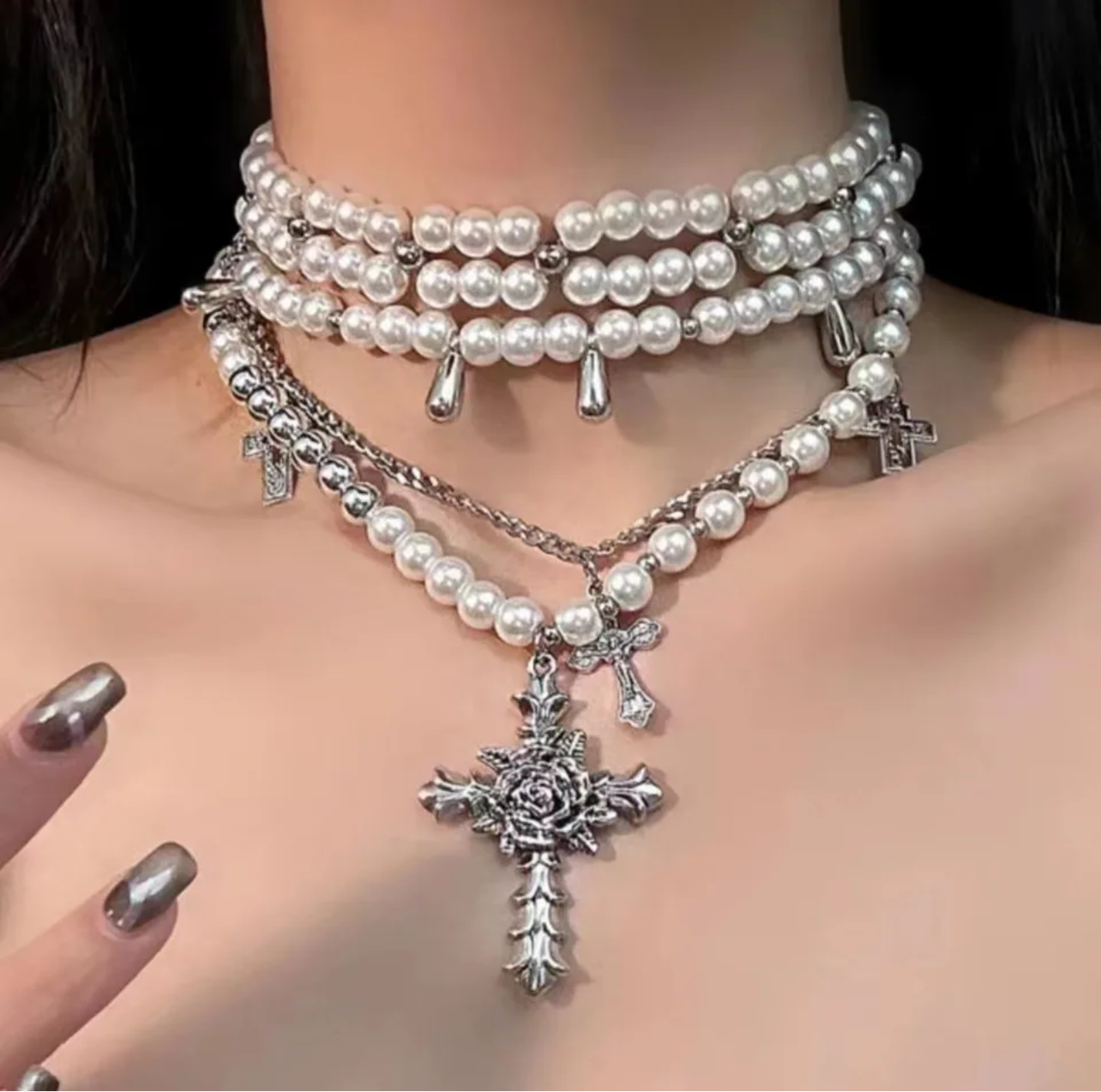 Pearls and Crosses Necklace Set