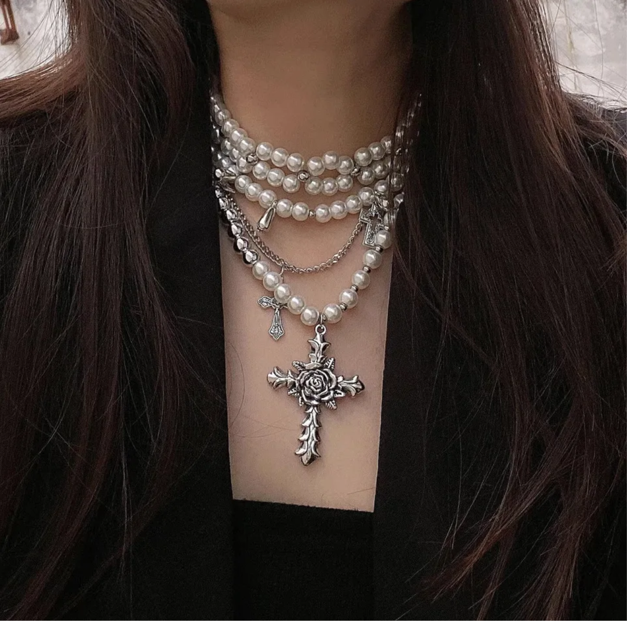 Pearls and Crosses Necklace Set