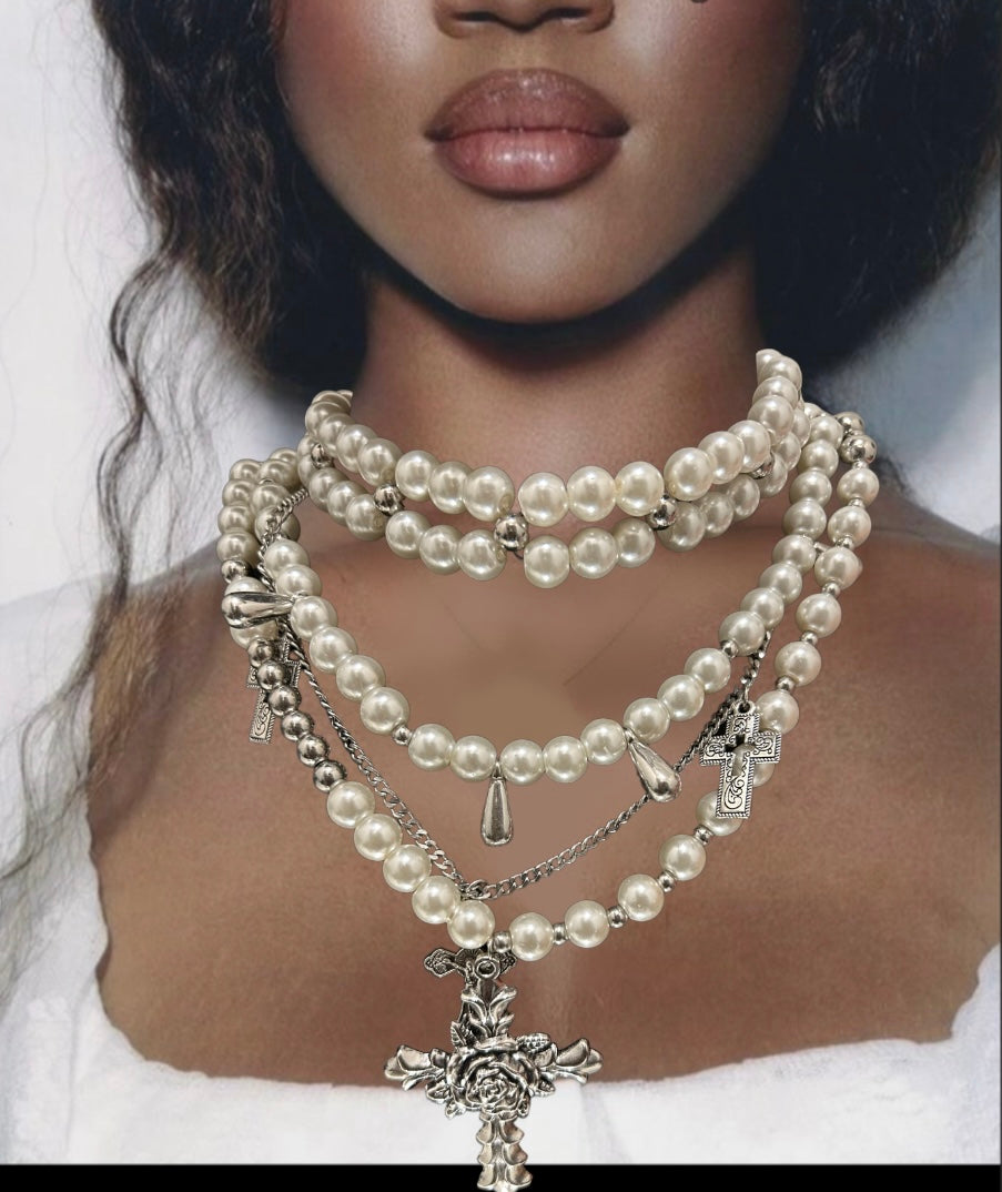 Pearls and Crosses Necklace Set